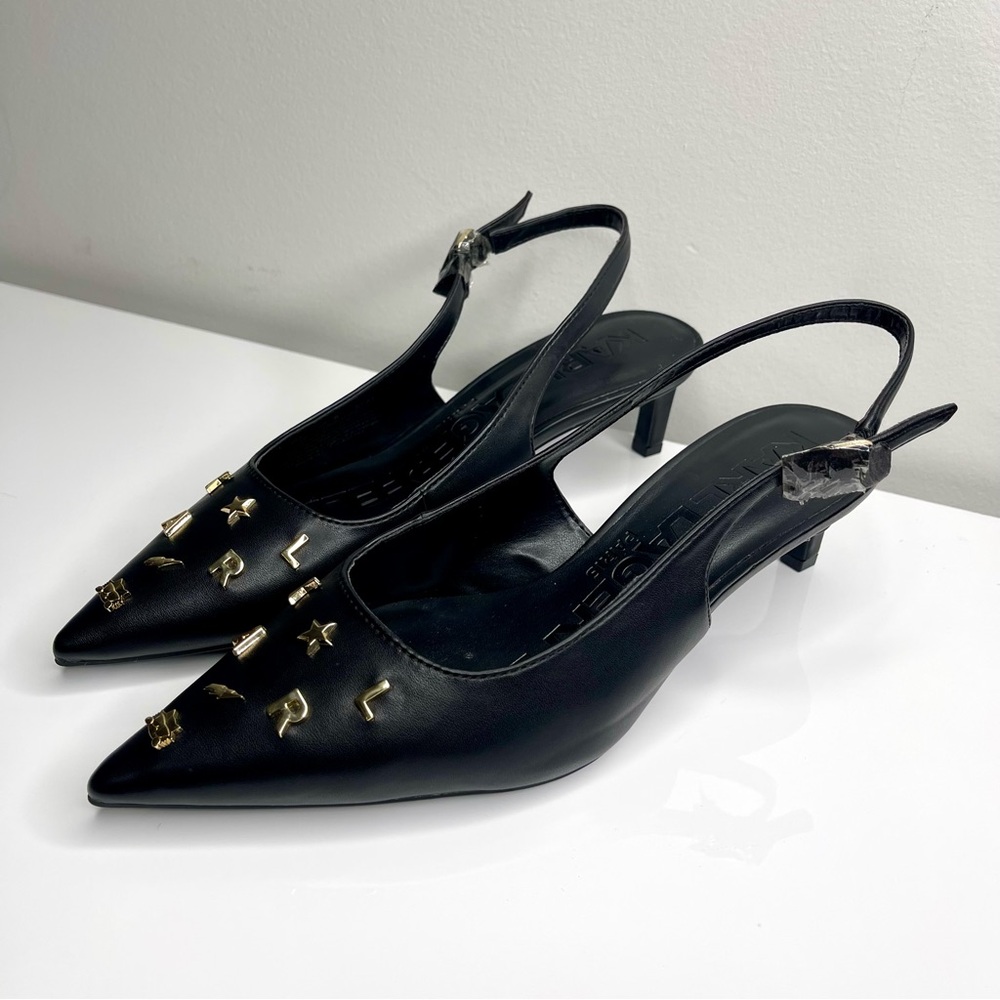 Karl Lagerfeld Paris Black Pointed Kitten Heels with Gold Accents Size 8M - Picture 4 of 11